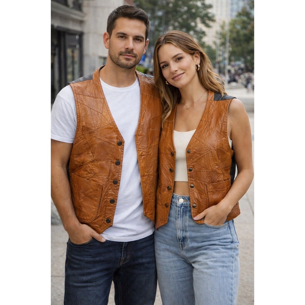 OUI International Leather and Denim Vest (Large) Western Wear (Vintage)